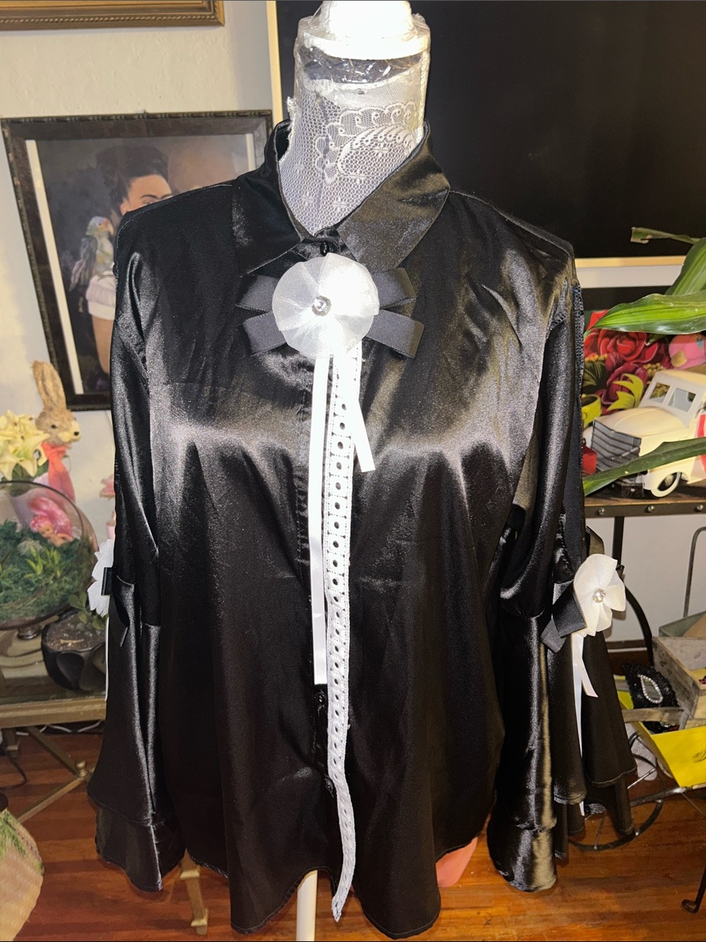 Black Satin Blouse with White Ribbon Rosette